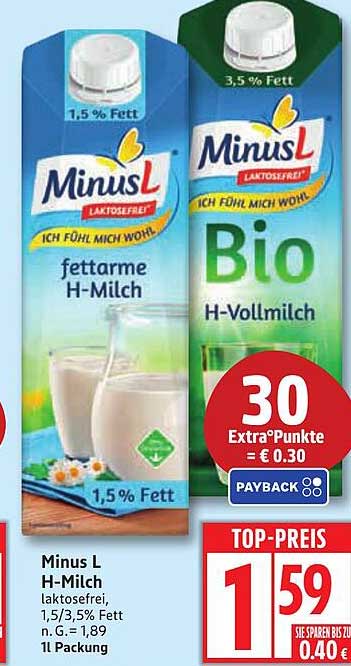 Minus L H-Milch 1,5% Fett und Bio H-Vollmilch 3,5% Fett