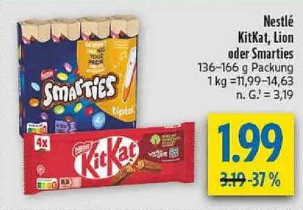 Nestlé KitKat, Lion oder Smarties 136-166 g Packung