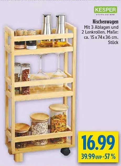 Nischenwagen mit 3 Ablagen und 2 Lenkrollen