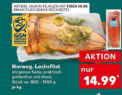 Norweg. Lachsfilet als ganze Seite, praktisch grätenfrei, mit Haut, Stück ca. 800 - 1400 g je kg