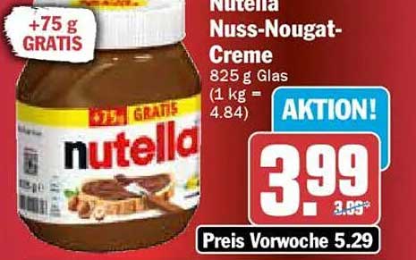 Nutella Nuss-Nougat-Creme 825 g Glas + 75 g GRATIS