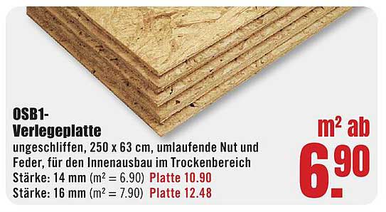 OSB1-Verlegeplatte ungschliffen 250 x 63 cm, umlaufende Nut und Feder