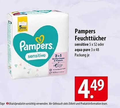 Pampers Feuchttücher sensitive 5 x 52 oder aqua pure 3 x 48 Packung
