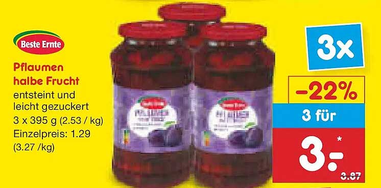 Pflaumen halbe Frucht 3 x 395 g - Beste Ernte