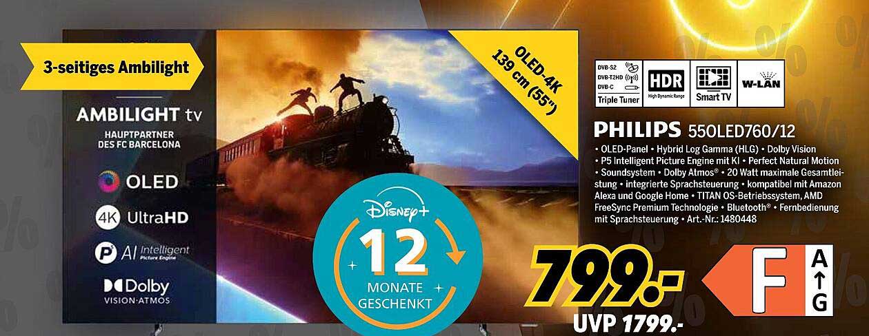 PHILIPS 55OLED760/12 OLED-Fernseher mit Ambilight und 12 Monaten Disney+ geschenkt