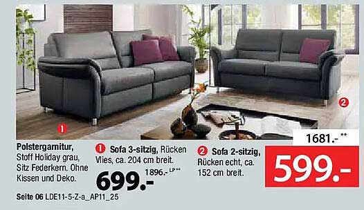 Polstergarnitur, Stoff Holiday grau, Sitz Federkern