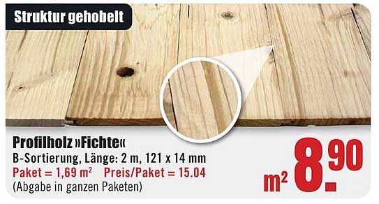 Profilholz »Fichte« B-Sortierung, Länge: 2 m, 121 x 14 mm
