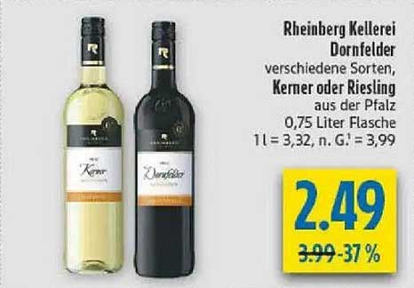 Rheinberg Kellerei Dornfelder - Kerner oder Riesling, 0,75 Liter Flasche
