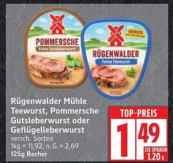 Rügenwalder Mühle Teewurst, Pommerische Gutsleberwurst oder Geflügelleberwurst 125g Becher