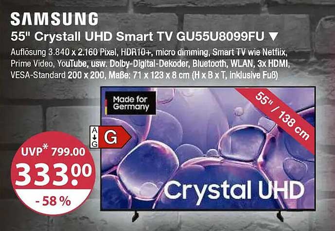 Samsung 55" Crystal UHD Smart TV GU55U8099FU