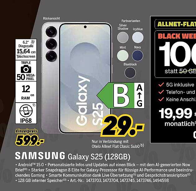 SAMSUNG Galaxy S25 (128GB) für nur 29€ monatlich in Verbindung mit Otelo Allnet Flat