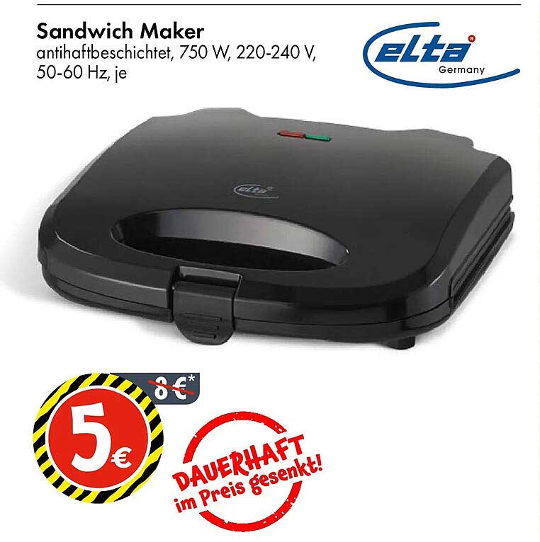 Sandwich Maker antistatisch 750 W, 220-240 V, 50-60 Hz, je