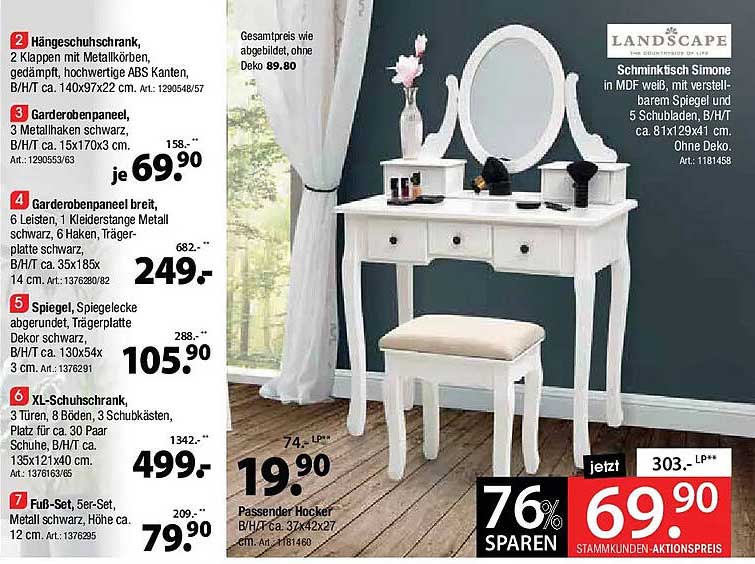 Schminktisch Simone in MDF weiß, mit verstellbarem Spiegel und 5 Schubladen