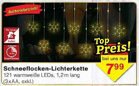 Schneeflocken-Lichterkette mit 121 warmweißen LEDs, 1,2 m lang (3xAA, exkl.)