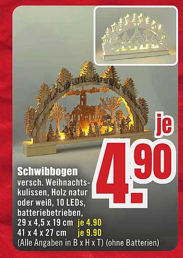 Schwibbogen – versch. Weihnachtskulissen, Holz natur oder weiß, 10 LEDs, batteriebetrieben