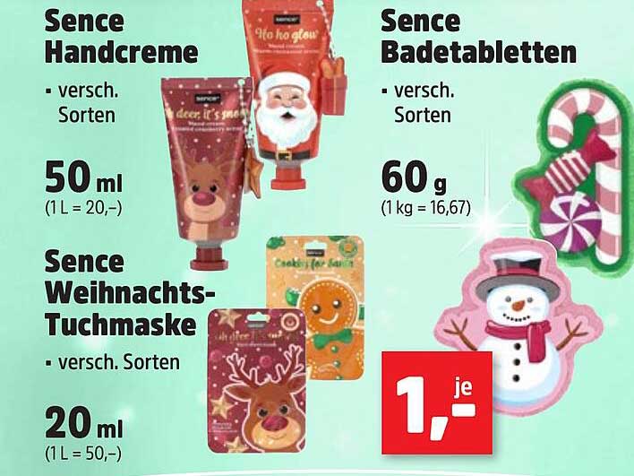 Sence Handcreme, Sence Badetabletten und Sence Weihnachts-Tuchmaske - Verschiedene Sorten für nur 1,– je Stück