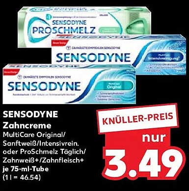 SENSODYNE Zahnpasta MultiCare Original/Sanftweiß/Intensivrein oder ProSchmelz Täglich/Zahnweiß+/Zahnfleisch+ je 75-ml-Tube