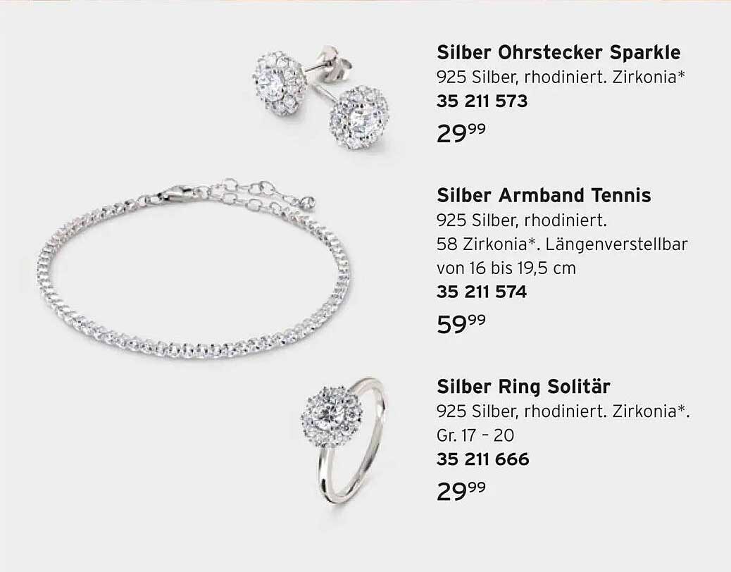 Silber Ohrstecker Sparkle, Silber Armband Tennis, Silber Ring Solitär
