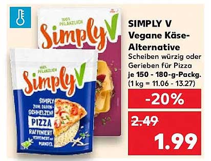 SIMPLY V Vegane Käse-Alternative Scheiben würzig oder Gerieben für Pizza