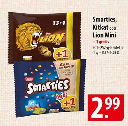 Smarties, Kitkat oder Lion Mini + 1 gratis