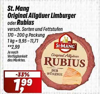 St. Mang Original Allgäuer Limburger oder Rubius - Verschiedene Sorten und Fettstufen