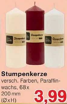 Stumpenkerze - verschieden farbige Varianten aus Paraffinwachs, 68x200 mm