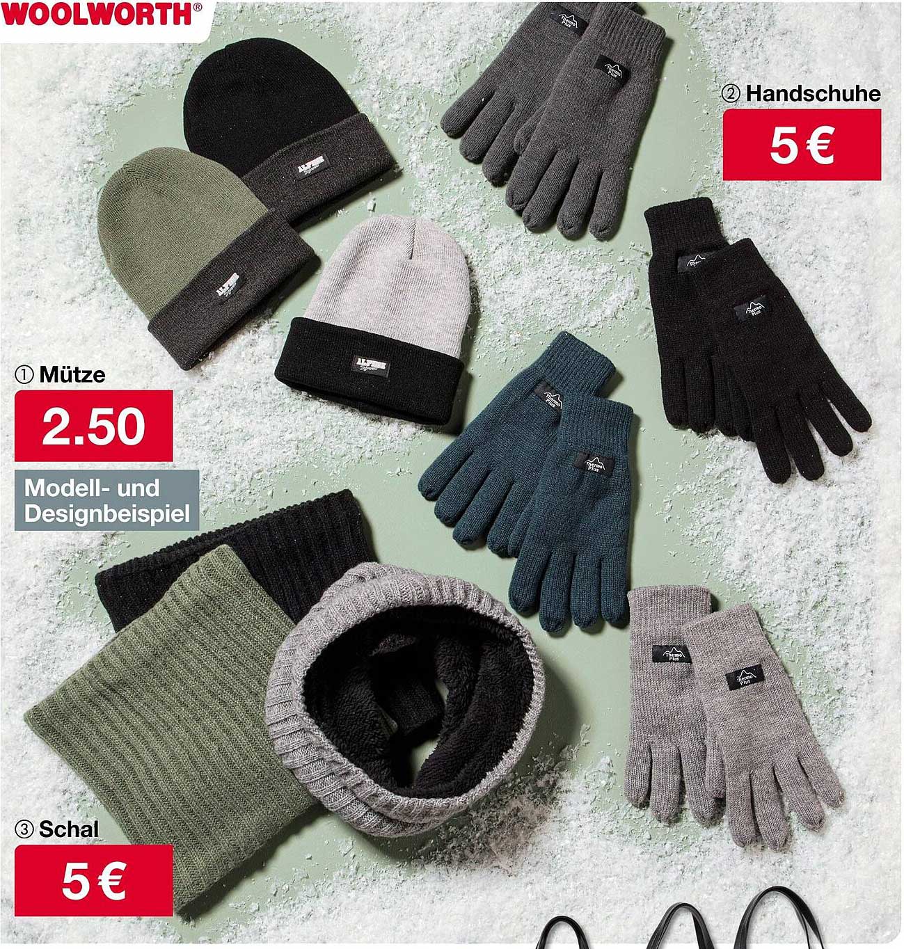 Stylische Mütze, Handschuhe und Schal von Woolworth