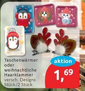 Taschenwärmer oder weihnachtliche Haarspange – verschiedene Designs, 2 Stück