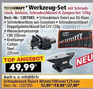 TECH-CRAFT Werkzeug-Set mit Schraubstock, Amboss, Schraubschlüsseln & Zangen-Set 121tlg.