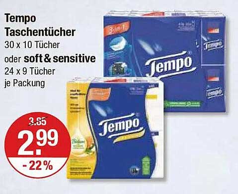 Tempo Taschentücher 30 x 10 Stück oder soft & sensitive 24 x 9 Stück je Packung
