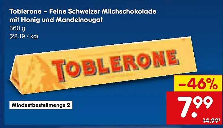 Toblerone – Feine Schweizer Milchschokolade mit Honig und Mandelnougat 360 g