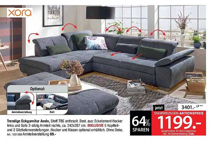 Trendige Eckgarnitur Avolo, Stoff TBS anthrazit