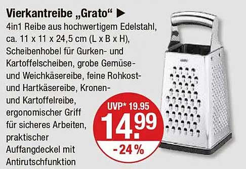 Viervkantreibe „Grato“ – 4in1 Reibe aus hochwertigem Edelstahl