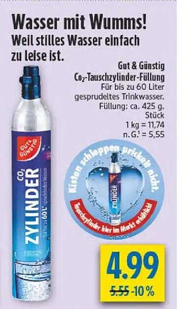 Wasser mit Wummms! Co2-Tauschzylinder-Füllung für bis zu 60 Liter gesprudeltes Trinkwasser