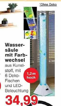 Wassersäule mit Farbwechsel aus Kunststoff, mit 6 Deko-Fischen und LED-Beleuchtung, 1,2 m hoch