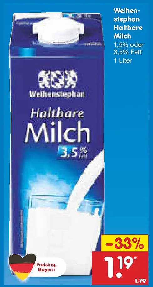 Weihenstephan Haltbare Milch 1,5% oder 3,5% Fett, 1 Liter