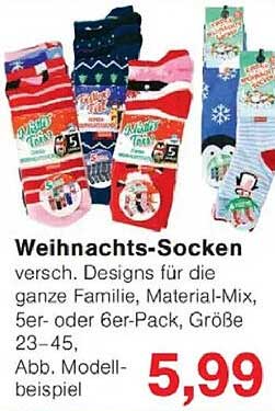 Weihnachts-Socken verschied. Designs für die ganze Familie, Material-Mix, 5er- oder 6er-Pack, Größe 23-45
