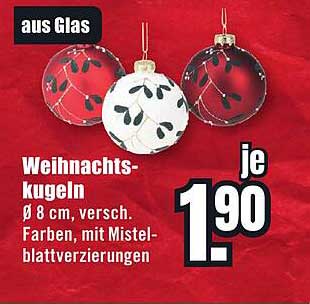 Weihnachtskugeln aus Glas - Ø 8 cm, verschiedene Farben mit Mistelblattverzierungen