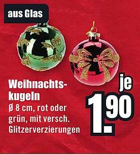 Weihnachtskugeln Ø 8 cm, rot oder grün mit verschiedenen Glitzerverzierungen