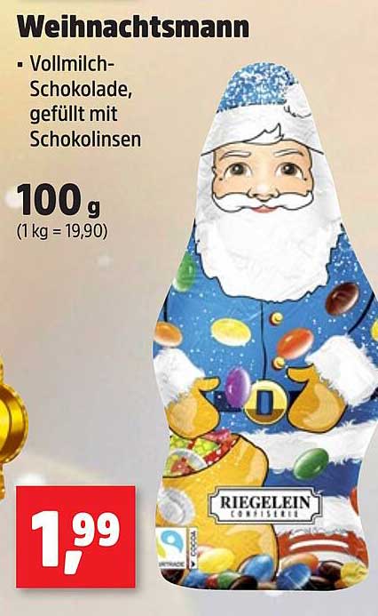 Weihnachtsmann Vollmilchschokolade, gefüllt mit Schokolinsen
