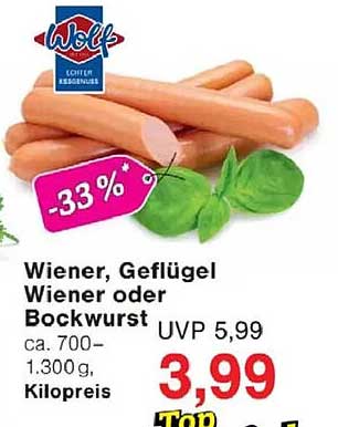 Wiener, Geflügelwiener oder Bockwurst - 33% Rabatt!