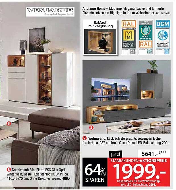 Wohnwand, Lack schiefergrau, Absetzungen Eiche furniert, ca. 287 cm breit. Ohne Deko. LED-Beleuchtung 299,-