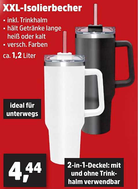 XXL-Isolierbecher - inkl. Trinkhalm, hält Getränke lange heiß oder kalt, ca. 1,2 Liter