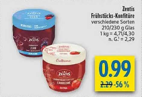 Zentis Frühstücks-Konfitüre verschiedene Sorten 210/230 g Glas
