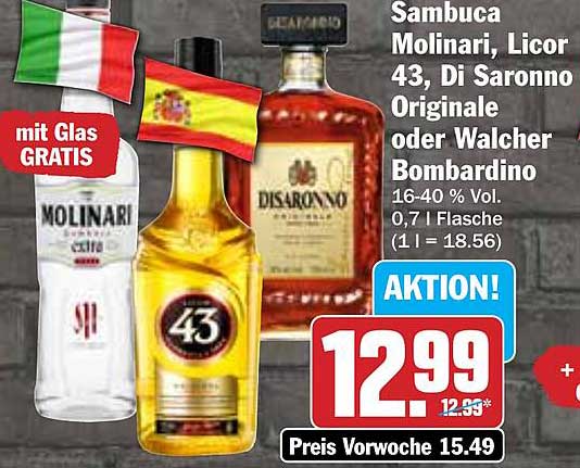 Sambuca Molinari, Licor 43, Di Saronno Originale oder Walcher Bombardino