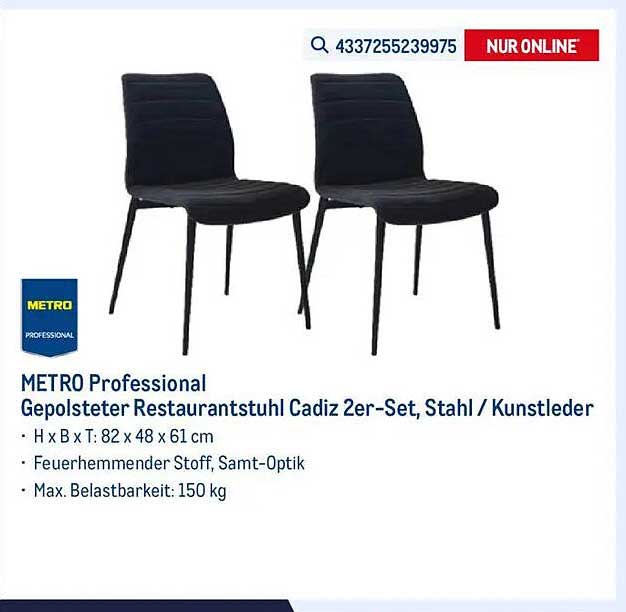 Gepolsterter Restaurantstuhl Cadiz 2er-Set, Stahl / Kunstleder