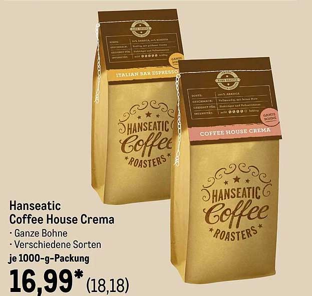 Hanseatic Coffee House Crema - Ganze Bohne - Verschiedene Sorten je 1000-g-Packung