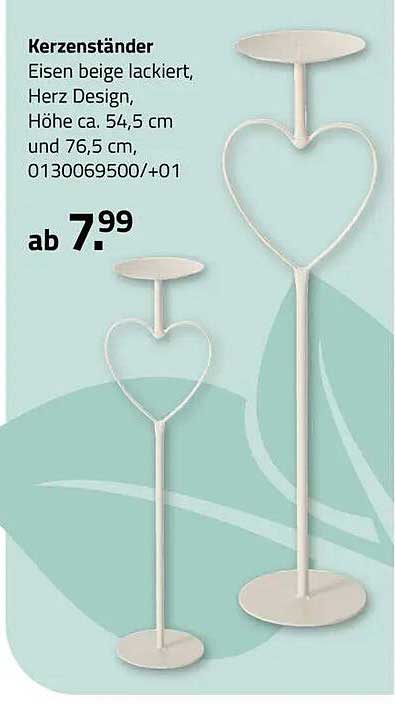 Kerzenständer Eisen beige lackiert, Herz Design, Höhe ca. 54,5 cm und 76,5 cm