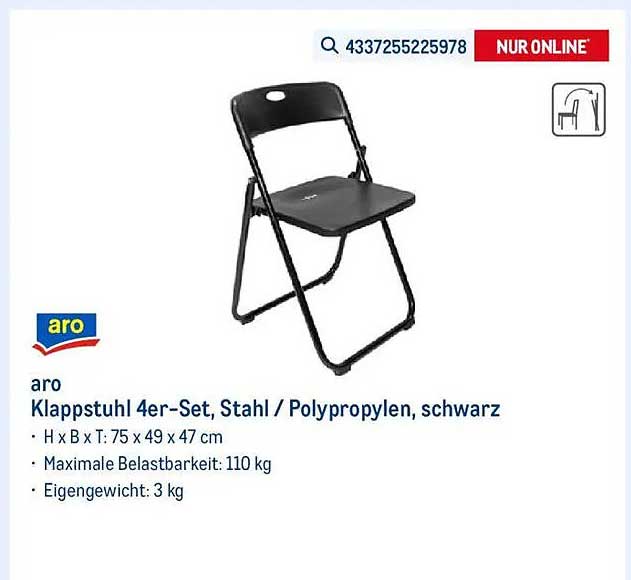 Klappstuhl 4er-Set, Stahl / Polypropylen, schwarz