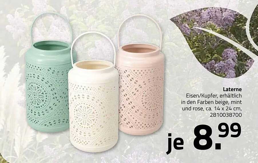 Laterne Eisen/Kupfer, erhältlich in den Farben beige, mint und rose, ca. 14 x 24 cm, 2810038700